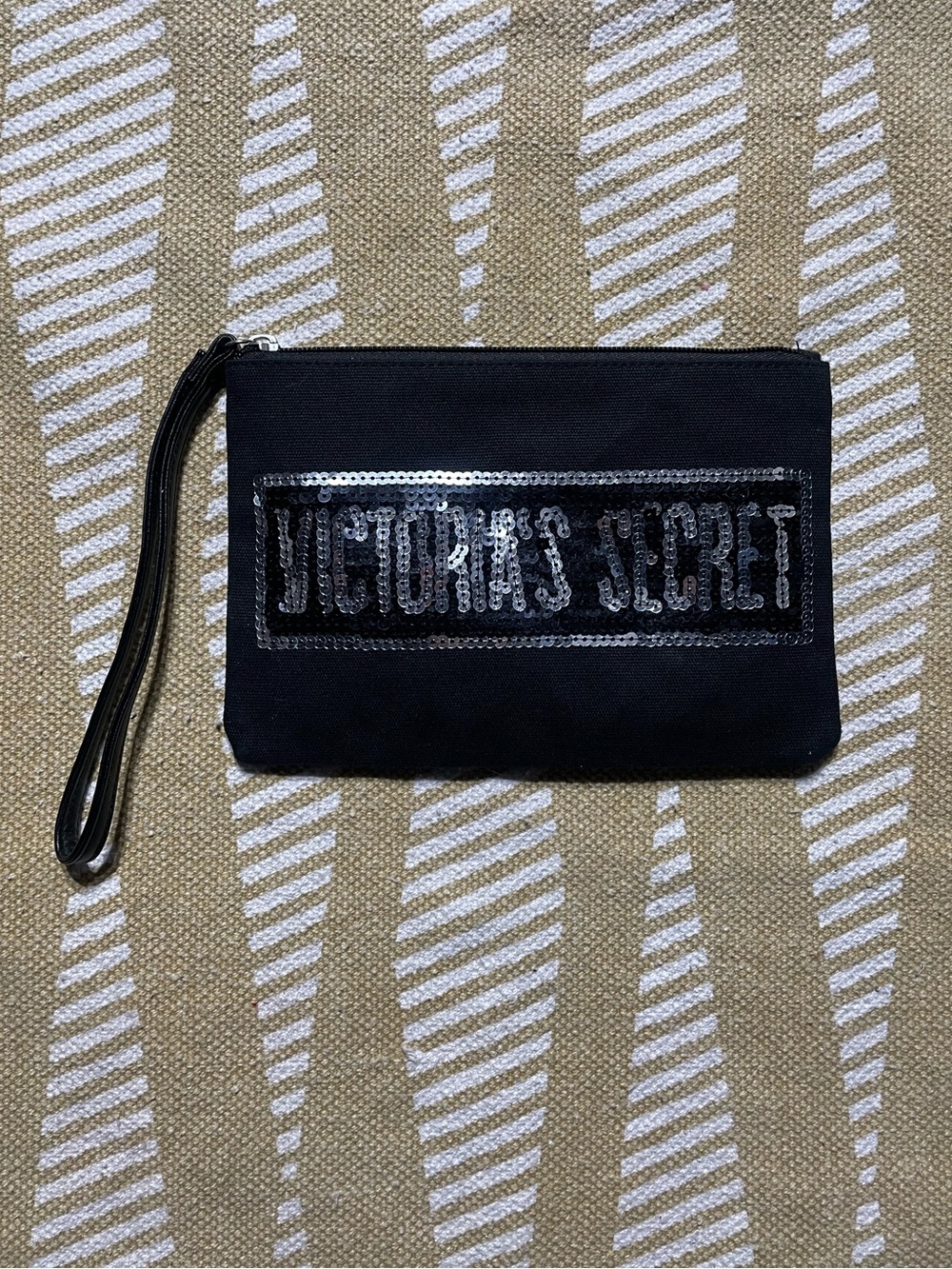 Victoria's Secret Black Sequin Logo Wristlet Pouch – 8.5" x 6" Like New